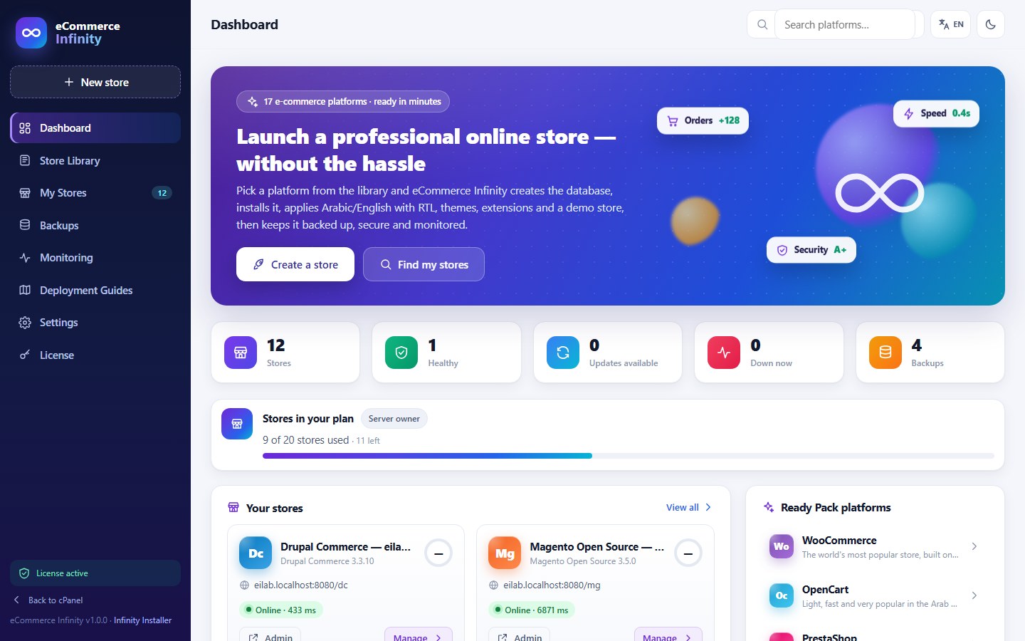 Dashboard: stores, plan usage and alerts